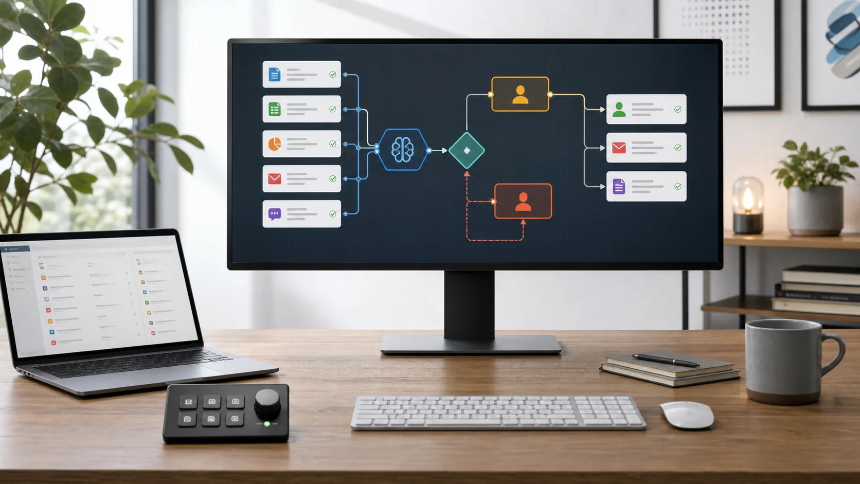 Operations desk with a monitor showing an AI workflow, decision branch, approval step, and app outputs