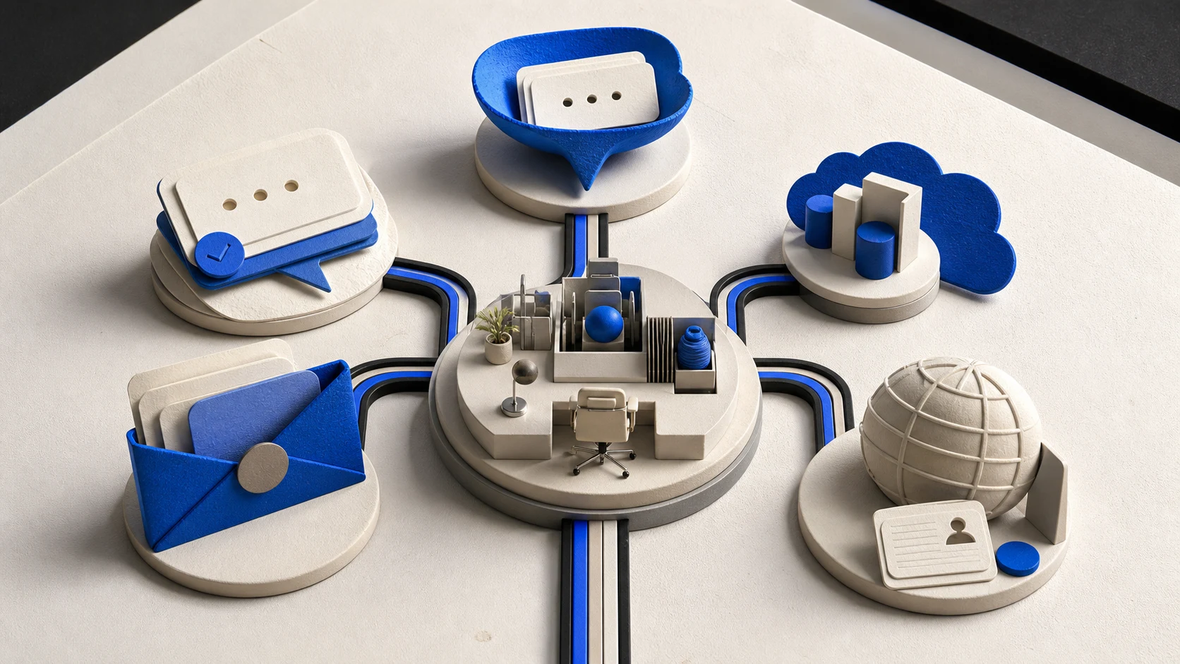 Five AI chatbot workflows connected to a central business support operation