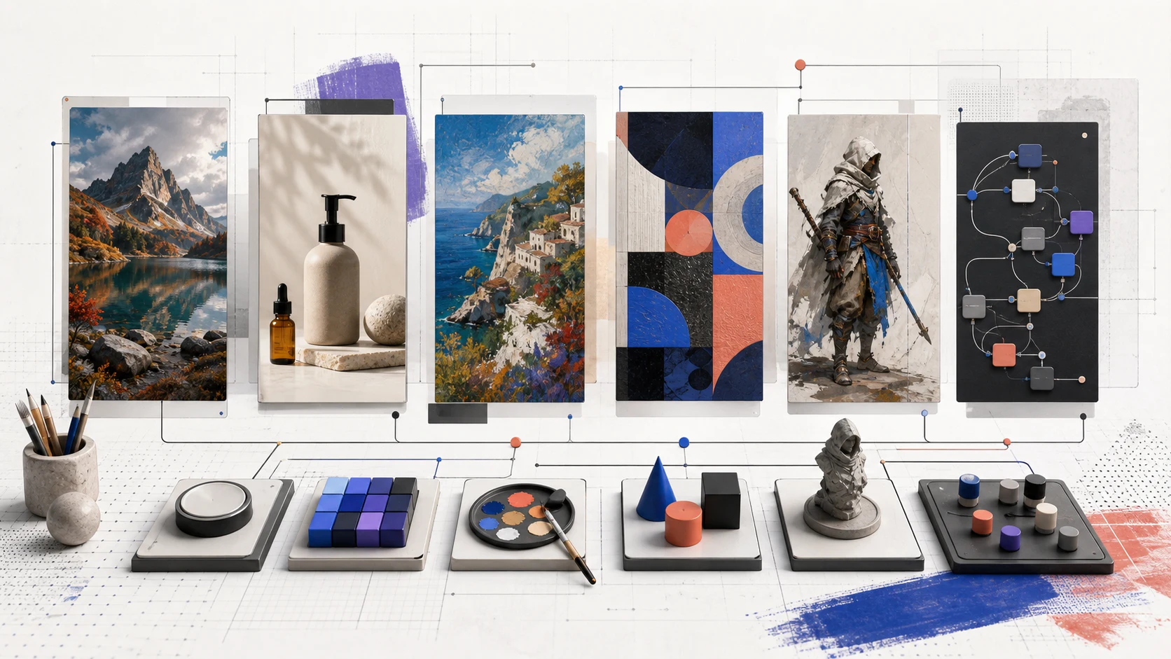 Editorial gallery representing six AI image-generation workflows