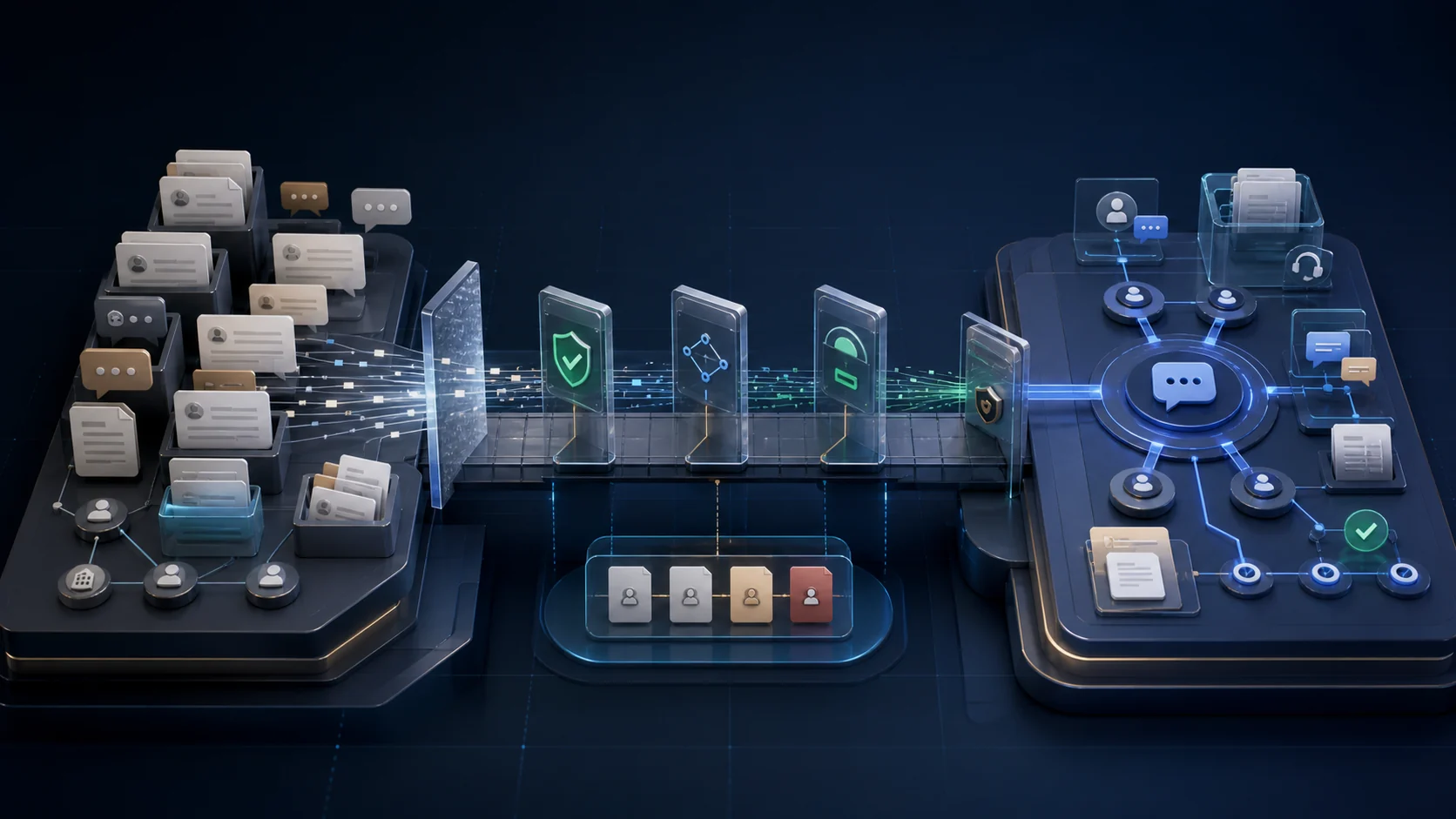 Editorial illustration of support records passing through migration validation gates